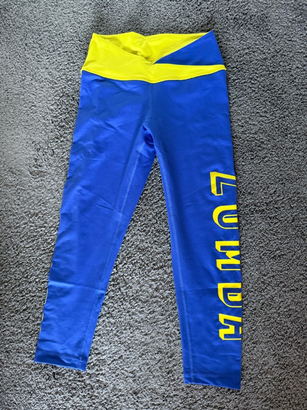 Zumba Fitness Blue Instructor Crop Leggings with Yellow Waistband & Side Logo